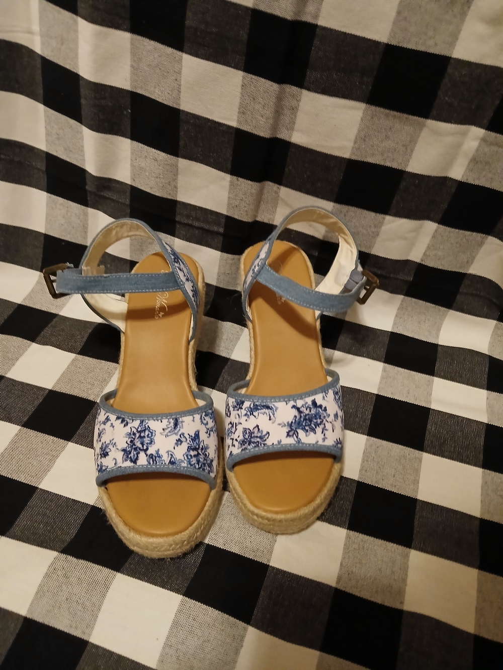 Blue Floral Espadrille Wedge Sandals - Women's Ankle Strap